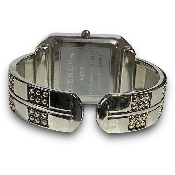 Geneva Y2K Vintage Silver Tone Square Face Bangle Cuff Bracelet Watch - Picture 4 of 12